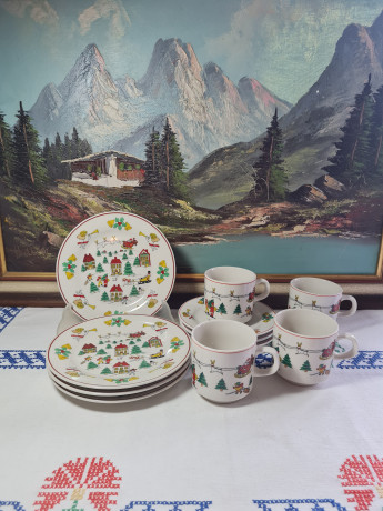 Набор для чая винажный GPK Royal Five Stars / Bischbergс с рождественским декором, чайное трио - 4 шт., фарфор, Германия, 1970-80гг.