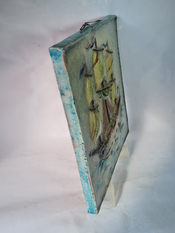 Панно декоративное винтажное Staatliche Majolika Karlsruhe с изображением парусника, керамика, 31 х 33 см, Германия, 1960-70гг.