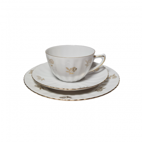 Im Stil von Schrinding Bavaria Чайное трио "Золотые цветы", белый фарфор с рельефным узором, Германия, 1960-70гг.