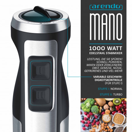 Arendo Arendo Stabmixer, 1000 W, Edelstahl Purierstab mit Messbecher, Handmixer, stufenlose Regelung, Arendo Stabmixer mit starkem 1000 Watt Motor inkl. Messbeser  Ручной блендер Arendo, 1000 Вт, очищающий стержень из нержавеющей стали с мерным стаканом, 