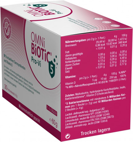 OMNi BiOTiC Pro-Vi 5 30st x 2packs, Пробиотик с витамином D для иммунитета и кишечника, 5 млрд полезных бактерий, 5 штаммов, 30 саше х 2г x 2 упаковки (60 саше)
