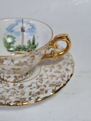 Кофейная пара Orenz Bavaria, белый фарфор с позолоченным цветочным узором и символом г. Штутгарт, 9 x 4,5 см / 11 см, Германия, 1960-70гг.