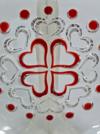 Блюдо сервировочное винтажное Anna Hutte с красным декором, квадратная форма, хрусталь, 19 х 16.5 см, Германия, 1960-70гг.