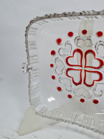 Блюдо сервировочное винтажное Anna Hutte с красным декором, квадратная форма, хрусталь, 19 х 16.5 см, Германия, 1960-70гг.