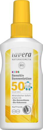 Lavera Sonnenmilch Kids sensitiv LSF 50, Лавера Солнцезащитное молочко SPF 50 для детей с органическим подсолнечником и органическим кокосом 100мл
