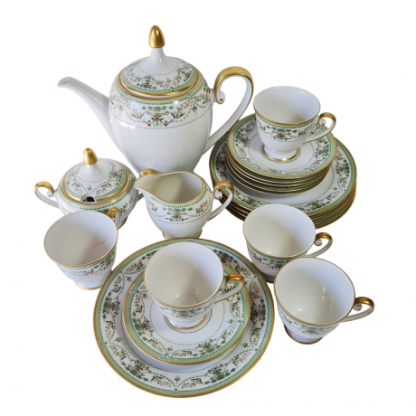 Сервиз чайный винтажный Tirschenreuther / Hutschenreuther Gruppe на 5 персон с зеленым узором, фарфор, Германия, 1960-70гг.
