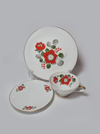Seltman Weiden Bavaria Чайное трио "Красные цветы", позолоченный ободок, фарфор, Германия, 1960-70гг.