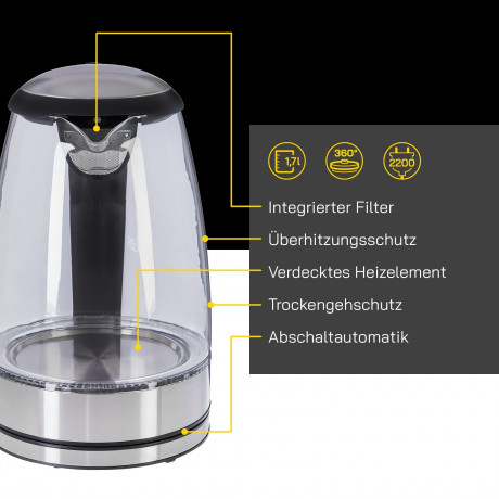 Gutfels Gutfels Wasserkocher WATER 4010, 1.7 l, 2200 W, XL-Kocher mit blauer Ambientebeleuchtung  Чайник Gutfels WATER 4010, 1,7 л, 2200 Вт, чайник XL с синей подсветкой