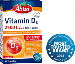 ABTEI Vitamin D3 2500 I.E. Tabletten Titandioxidfr 3stk x 42st, Витамин D3 2500 + Цинк + Селен, 3 упаковки х 42шт