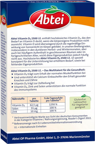 ABTEI Vitamin D3 2500 I.E. Tabletten Titandioxidfr 3stk x 42st, Витамин D3 2500 + Цинк + Селен, 3 упаковки х 42шт