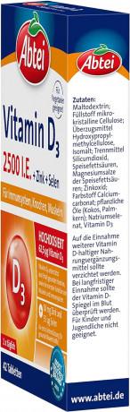 ABTEI Vitamin D3 2500 I.E. Tabletten Titandioxidfr 3stk x 42st, Витамин D3 2500 + Цинк + Селен, 3 упаковки х 42шт