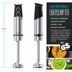 Arendo Arendo Stabmixer, 1500 W, Purierstab Edelstahl, stufenlose Geschwindigkeit + Turbotaste  Ручной блендер Arendo, 1500 Вт, очищающий стержень из нержавеющей стали, постоянная скорость + кнопка турбо.