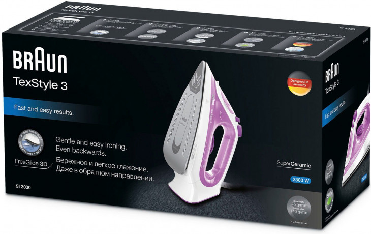 Braun Braun Dampfbugeleisen TexStyle 3 SI 3030 PU, 2300 W, Anti-Kalk-System  Паровой утюг Braun TexStyle 3 SI 3030 PU, 2300 Вт, система защиты от известкового налета