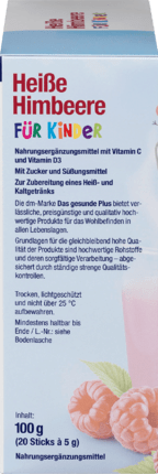 Mivolis Heisse Himbeere fur Kinder Portionssticks Горячий напиток с малиной и витаминами С + D3 для детей от 7-ми лет, пакетики, 20 шт., 100 г