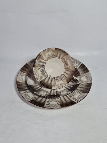 Чайное трио винтажное Bareuther Waldsassen Bavaria в бежево-серых тонах с золотистым орнаментом, фарфор, Германия, 1970-80гг.