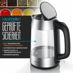 Arendo Arendo Wasserkocher, 1,7 l, 2200 W, Edelstahl, Glaswasserkocher, automatische Abschaltung, Kalkfilter, LED silberfarben Чайник Arendo 1,7 л, 2200 Вт, стеклянный чайник из нержавеющей стали, с автоматическим отключением, фильтром от накипи, светодио