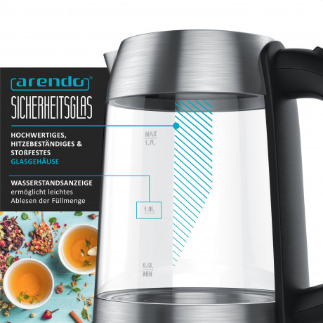 Arendo Arendo Wasserkocher, 1,7 l, 2200 W, Edelstahl, Glaswasserkocher, automatische Abschaltung, Kalkfilter, LED silberfarben Чайник Arendo 1,7 л, 2200 Вт, стеклянный чайник из нержавеющей стали, с автоматическим отключением, фильтром от накипи, светодио