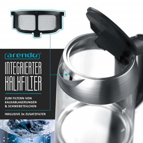Arendo Arendo Wasserkocher, 1,7 l, 2200 W, Edelstahl, Glaswasserkocher, automatische Abschaltung, Kalkfilter, LED silberfarben Чайник Arendo 1,7 л, 2200 Вт, стеклянный чайник из нержавеющей стали, с автоматическим отключением, фильтром от накипи, светодио