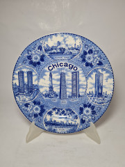 Декоративная тарелка винтажная Fine Staffordshire Ware с изображениями г. Чикаго в бело-синих тонах, 25,5 x 2,5 см, Англия, 1960-70гг.