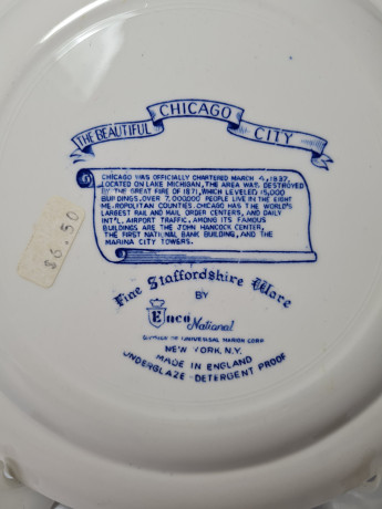 Декоративная тарелка винтажная Fine Staffordshire Ware с изображениями г. Чикаго в бело-синих тонах, 25,5 x 2,5 см, Англия, 1960-70гг.
