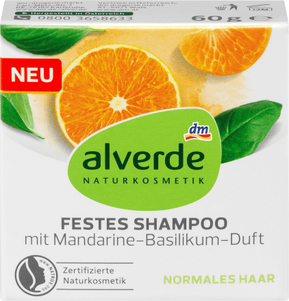 alverde NATURKOSMETIK festes Shampoo mit Mandarine-Basilikum-Duft Твердый шампунь с ароматом мандарина и базилика, 60гр