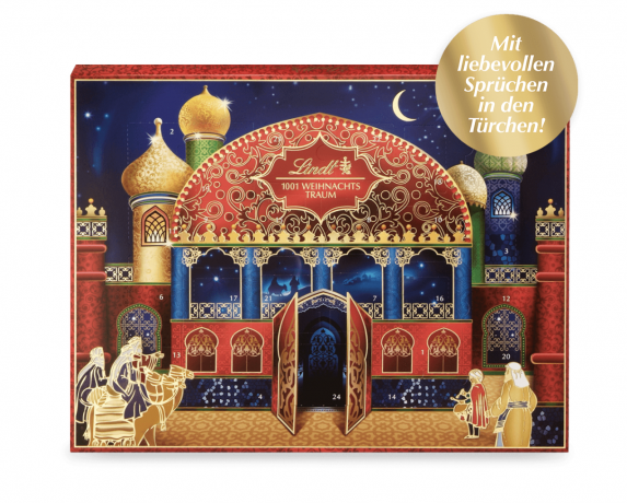 Lindt 1001 Weihnachts-Traum Adventskalender 2025 Адвент календарь "1001 ночь" с 24 сладкими сюрпризами, 48см × 36см, 281грамм  
