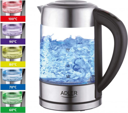 JUNG JUNG Wasserkocher ADLER AD1247, Wasserkocher Glas mit Temperatureinstellung Digital, 1.7 l, 2200 W, Glas mit Edelstahl, LED Beleuchtung  LCD Display, 360° Basis Kettle  Чайник JUNG ADLER AD1247, стеклянный чайник с цифровой регулировкой температуры, 
