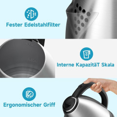 HOMELUX HOMELUX Wasserkocher Edelstahl 1.8l, 1500w Electric Kettle Mit Filter, Kessel Bpa-Frei, 1.8 l, 1500,00 W, Abschaltautomatik, Ideal FuR Tee, Kaffee, Babynahrung  Чайник HOMELUX нержавеющая сталь 1,8л, 1500Вт, электрочайник с фильтром, чайник без BP