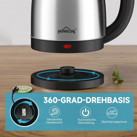 HOMELUX HOMELUX Wasserkocher Edelstahl 1.8l, 1500w Electric Kettle Mit Filter, Kessel Bpa-Frei, 1.8 l, 1500,00 W, Abschaltautomatik, Ideal FuR Tee, Kaffee, Babynahrung  Чайник HOMELUX нержавеющая сталь 1,8л, 1500Вт, электрочайник с фильтром, чайник без BP