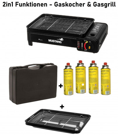 JUNG JUNG Gaskocher MUSTANG mobiler Campingkocher Gaskocher Gasgrill inkl 4 Gaskartuschen, (2 in 1 Gaskocher, Extra gross, praktischer Transportkoffer), mit Piezo-Zundung, Extra gross 43x28x11,2cm, mit Grillrost  Газовая плита JUNG MUSTANG, мобильная похо