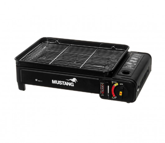 JUNG JUNG Gaskocher MUSTANG mobiler Campingkocher Gaskocher Gasgrill inkl 4 Gaskartuschen, (2 in 1 Gaskocher, Extra gross, praktischer Transportkoffer), mit Piezo-Zundung, Extra gross 43x28x11,2cm, mit Grillrost  Газовая плита JUNG MUSTANG, мобильная похо