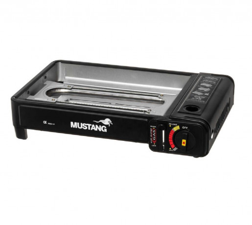 JUNG JUNG Gaskocher MUSTANG mobiler Campingkocher Gaskocher Gasgrill inkl 4 Gaskartuschen, (2 in 1 Gaskocher, Extra gross, praktischer Transportkoffer), mit Piezo-Zundung, Extra gross 43x28x11,2cm, mit Grillrost  Газовая плита JUNG MUSTANG, мобильная похо