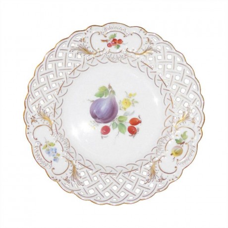 Meissen Meissen 'Neuer Ausschnitt - Fruchtmalerei bunt mit Goldrand' Teller mit Durchbruch 18 cm Мейсен "новый раздел - красочная роспись фруктов с золотым ободком" тарелка с прорывом 18 см
