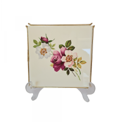 Подставка под горячее винтажная "Букет цветов" Fliese Kachel Grohn Bremen, керамическая с позолоченным металлическим краем и ножками, 16 x 15,5 x 1,5 см, Германия, 1960-70гг.