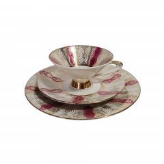 Чайное трио винтажное Bareuther Waldsassen Bavaria / 65 er с розово-золотым декором, фарфор, Германия, 1970-80гг.