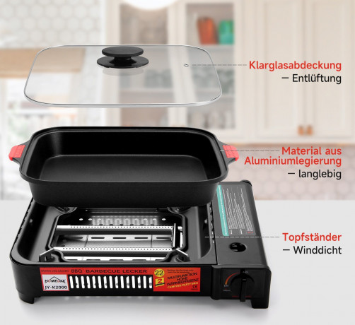 HOMELUX HOMELUX Gaskocher Camping Gasgrill+Grillpfanne+Glasdeckel+Gaskartuschen Campinggrill, (4-St), 2,2KW  Газовая плита HOMELUX походный газовый гриль + сковорода-гриль + стеклянная крышка + газовые баллончики походный гриль, (4 шт.), 2,2 кВт