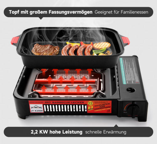 HOMELUX HOMELUX Gaskocher Camping Gasgrill+Grillpfanne+Glasdeckel+Gaskartuschen Campinggrill, (4-St), 2,2KW  Газовая плита HOMELUX походный газовый гриль + сковорода-гриль + стеклянная крышка + газовые баллончики походный гриль, (4 шт.), 2,2 кВт