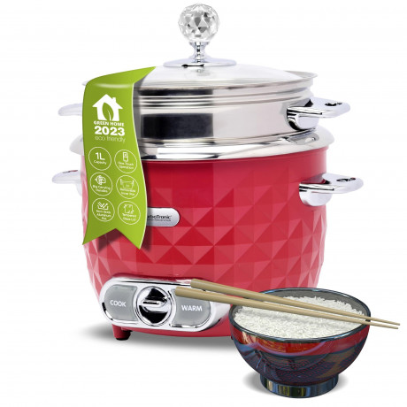 TurboTronic by Z-Line TurboTronic by Z-Line Reiskocher 1 Liter mit Dampfgareinsatz aus Edelstahl PLASTIKFREI, 400 W, mini Design Dampfgarer kleiner Reistopf Milchreis Cooker rot Рисоварка TurboTronic от Z-Line 1 литр с пароваркой из нержавеющей стали БЕЗ 