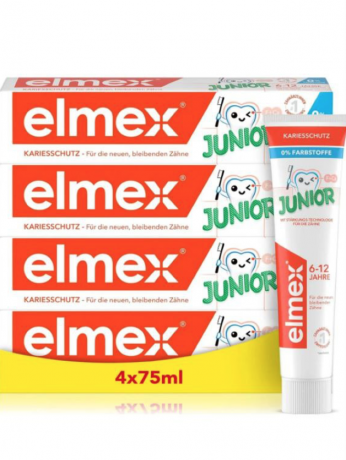 elmex Zahnpasta Kinder Junior 6-12 Jahren 75 ml x 4stk, Детская зубная паста для детей 6-12 лет с комплексом Neo-Aminex для защиты от кариеса, 75 мл x 4 шт