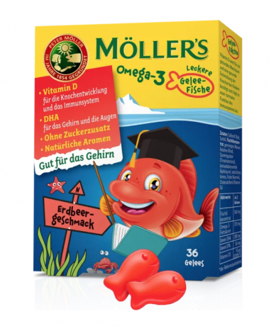 Moller's Omega-3 Gelee Erdbeere, Фруктовые жевательные мармеладки с рыбьим жиром из экологически чистой дикой рыбы, клубничный вкус, для детей с 3ех лет, 36 шт