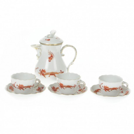 Meissen Meissen Neuer Ausschnitt - Reicher Drache rot goldschattiert mit Goldrand Espresso-Set 3 Personen 7-tlg. Meissen New Cutout - Набор для эспрессо Rich Dragon Red Gold с золотым ободком на 3 персоны, 7 предм.