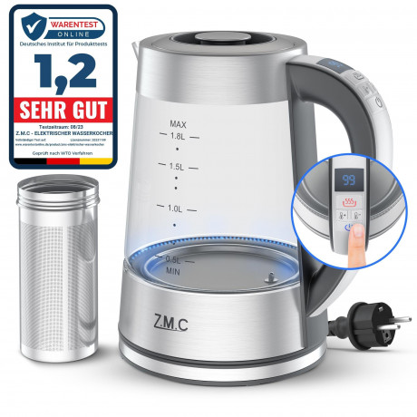 ZMC ZMC Wasserkocher Wasserkocher Glas mit Temperaturwahl 1,8 Liter Warmhaltefunktion, LED Beleuchtung / mit Einstellbare Temperatur Temperatureinstellung  Чайник ZMC стеклянный чайник с выбором температуры, функция подогрева 1,8 л, светодиодное освещение