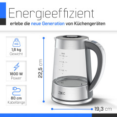ZMC ZMC Wasserkocher Wasserkocher Glas mit Temperaturwahl 1,8 Liter Warmhaltefunktion, LED Beleuchtung / mit Einstellbare Temperatur Temperatureinstellung  Чайник ZMC стеклянный чайник с выбором температуры, функция подогрева 1,8 л, светодиодное освещение