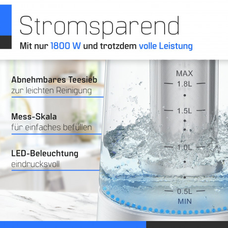ZMC ZMC Wasserkocher Wasserkocher Glas mit Temperaturwahl 1,8 Liter Warmhaltefunktion, LED Beleuchtung / mit Einstellbare Temperatur Temperatureinstellung  Чайник ZMC стеклянный чайник с выбором температуры, функция подогрева 1,8 л, светодиодное освещение