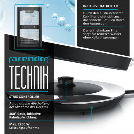 Arendo Arendo Wasserkocher, 1,7 l, 2200 W, Edelstahl Retrostyle Vintage, LED Temperaturanzeige, schwarz matt  Чайник Arendo, 1,7 л, 2200 Вт, нержавеющая сталь, винтажный стиль ретро, ??светодиодный индикатор температуры, матовый черный