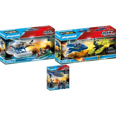 PLAYMOBIL 3er Set: 70779 Polizei-Wasserflugzeug: Schmuggler-Verfolgung + 70780 Polizei-Jet: Drohnen-Verfolgung + Polizei-Fallschirm: Verfolgung des Amphibien-Fahrzeugs Набор из 3 предметов: 70779 Полицейский гидросамолет: погоня за контрабандистом + 70780