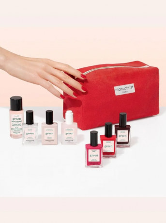 Manucurist Green Starter Kit, Набор для маникюра: лаки и уход, база, топ, сушка, Nail Prep, 3 цвета, подарочная красная сумочка