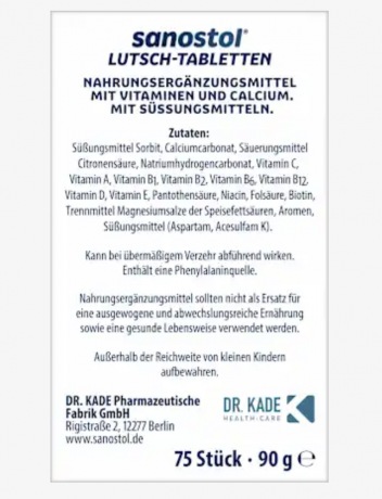 Sanostol Lutschtabletten ohne zucker 75stk, Пастилки с витаминами и кальцием для ежедневного приема, без сахара, для детей от 4-х лет, 75 шт