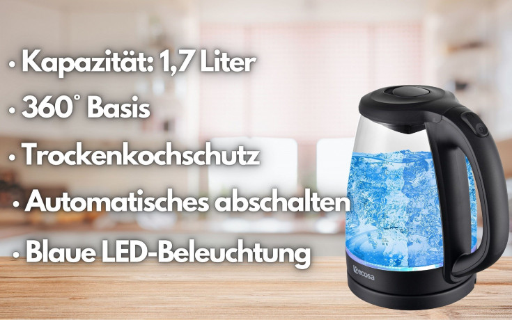 ecosa ecosa Wasserkocher EO-680, 1,7 l, 2200 W, Glaswasserkocher, Blaue LED-Beleuchtung, BPA-frei  Чайник ecosa EO-680, 1,7 л, 2200 Вт, стеклянный чайник, синяя светодиодная подсветка, не содержит BPA