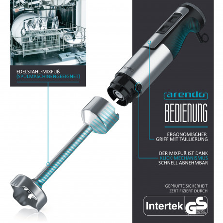 Arendo Arendo Stabmixer, 1000 W, Edelstahl Purierstab, Handmixer, stufenlose Regelung, silber/schwarz  Ручной блендер Arendo, 1000 Вт, очищающий стержень из нержавеющей стали, ручной миксер, бесступенчатое управление, серебристый/черный